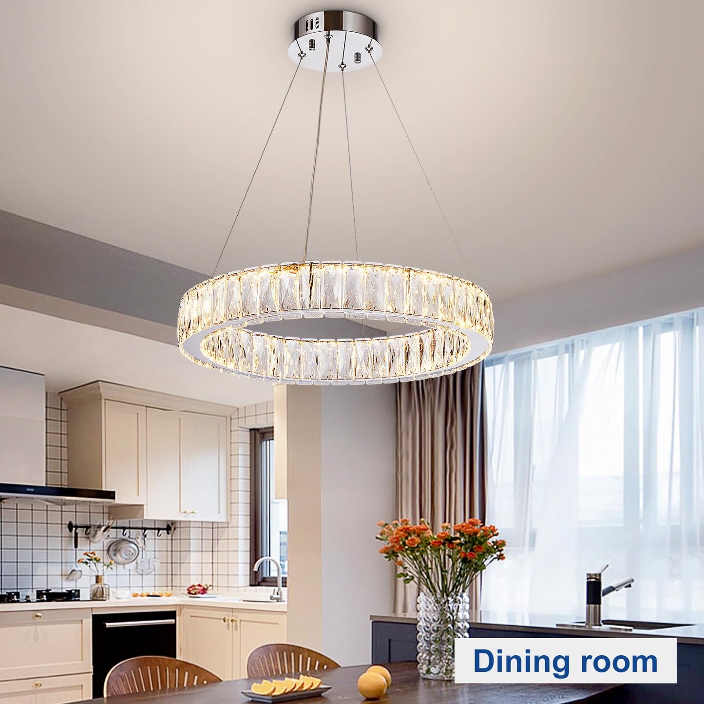 Depuley Modern LED Crystal Chandelier: 19.7" Ring Dimmable Pendant Light Adjustable for Dining Room - 30W Round Crystal Chandeliers for Bedroom Kitchen Over Table Living Room Porch Foyer