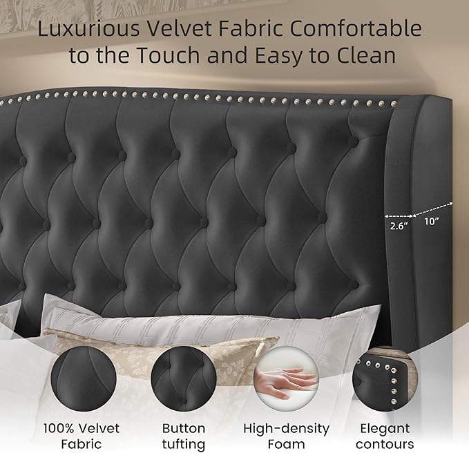 BRELTAM Upholstered King Size Bed Frame Velvet Tufted Bed Frame