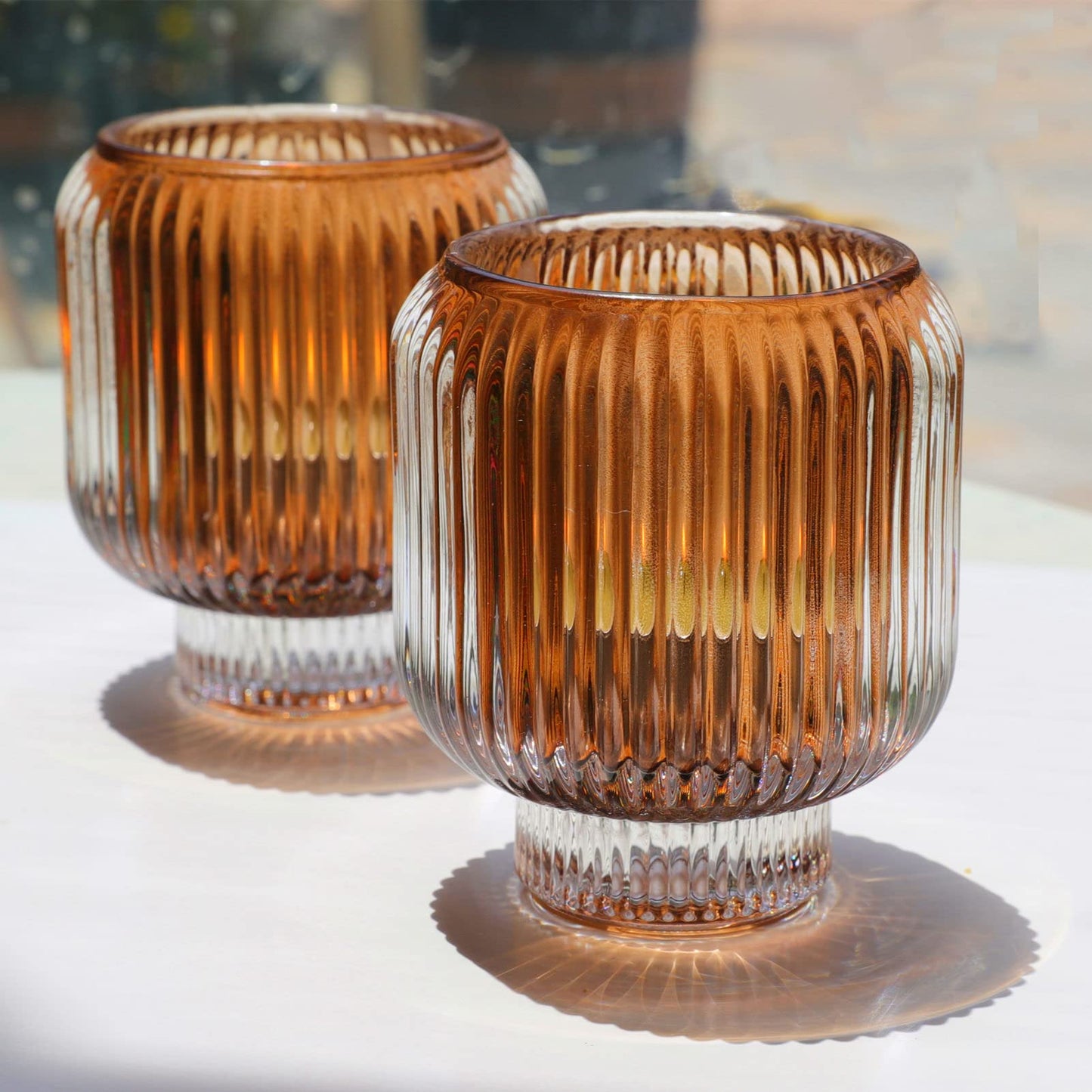 Woho Votive Candle Holders for Wedding Centerpieces, Tealight Candle Holder Set of 2, Glass Votive Candle Holder Bulk for Home Decor(Brown, 3.5'' Tall 3.1'' Diameter)