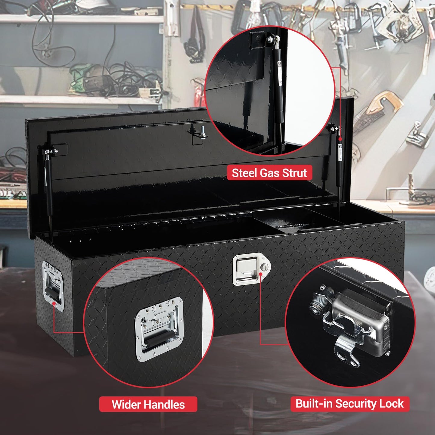 GarveeTech 48 in Aluminum Truck Tool Box, Truck Bed Storage Box with Security Lock and Wider Handles, Heavy Duty Waterproof Tool Boxes Organizer Chest for Pick Up Truck Rv Trailer,Black