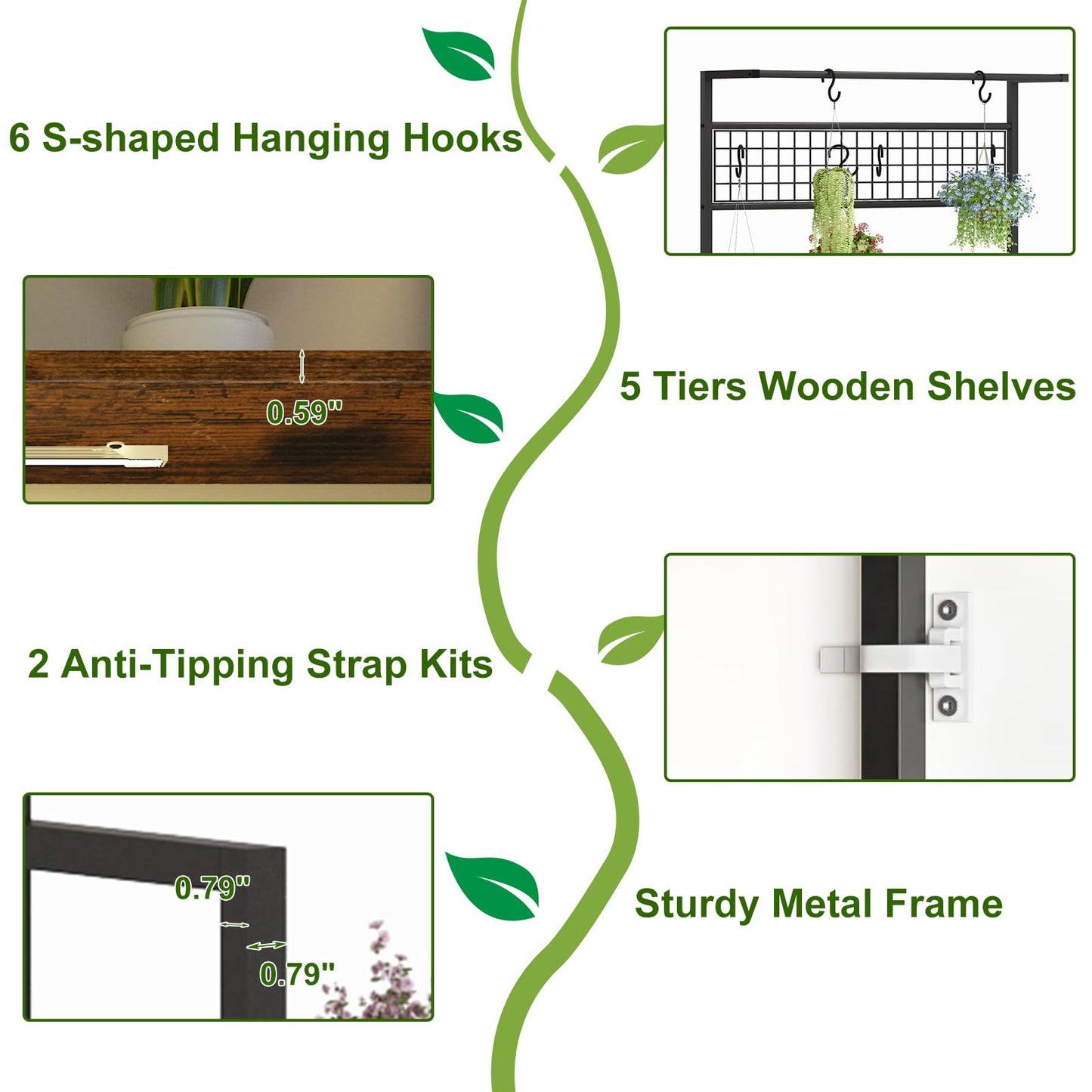 GarveeLife Plant Shelf with Grow Light, Tall Plant Stand Indoor, 7 Tiered Large Metal Shelf with Hanging Hooks, Multi-Purpose Display Rack, Flower Bonsai Pots Organizer for Balcony, Living Room