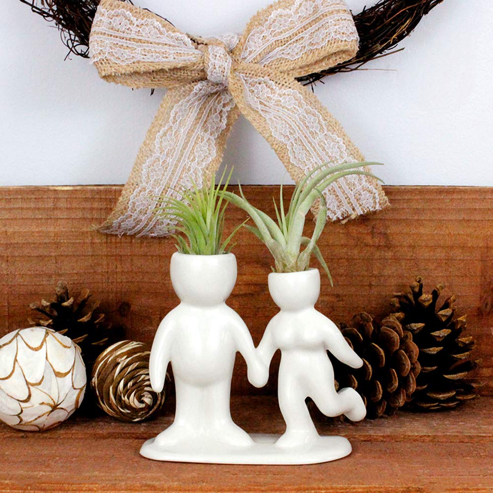NW Wholesaler 5 Inch White Ceramic Couple Holding Hands People Shaped Planter with Two Live Tillandsia Air Plants - Potted Indoor Air Plants for Home and Office Decor