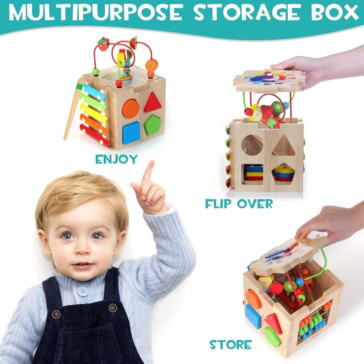 HELLOWOOD Wooden Activity Cube Baby Toys, 8-in-1 Montessori Educational Toy Set, Bead Maze Shape Sorter Abacus Xylophone Words & Clock Learning, STEM Toys for Boys Girls Toys for 1 2 3 years old