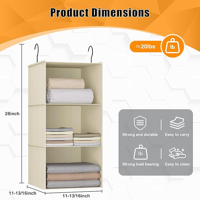 Hanging Closet Organizer and Storage 3-Shelf, Easy Mount Foldable Hanging
