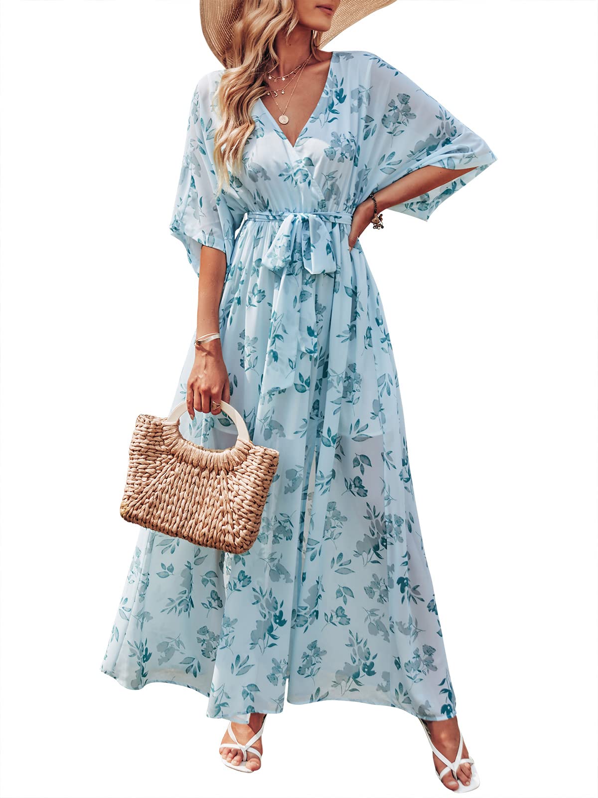 ANRABESS Womens 1/2 Sleeve Beach Wedding Guest Maxi Dresses 2025 Fall Wrap V Neck Boho Floral Flowy Slit Long Summer Dresses