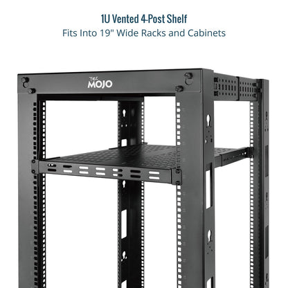 Tecmojo 1U 4-Post Vented Server Rack Mount Shelf,13.8in Deep with Adjustable Depth 13.8-23.6inch,Supports to 242 lbs,Universal Tray for 19 Inch AV/Network Equipment Rack,Black
