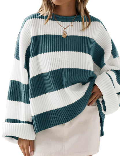 ZESICA Women's 2025 Fall Long Sleeve Oversized Striped Color Block Comfy Loose Crew Neck Knitted Pullover Sweater