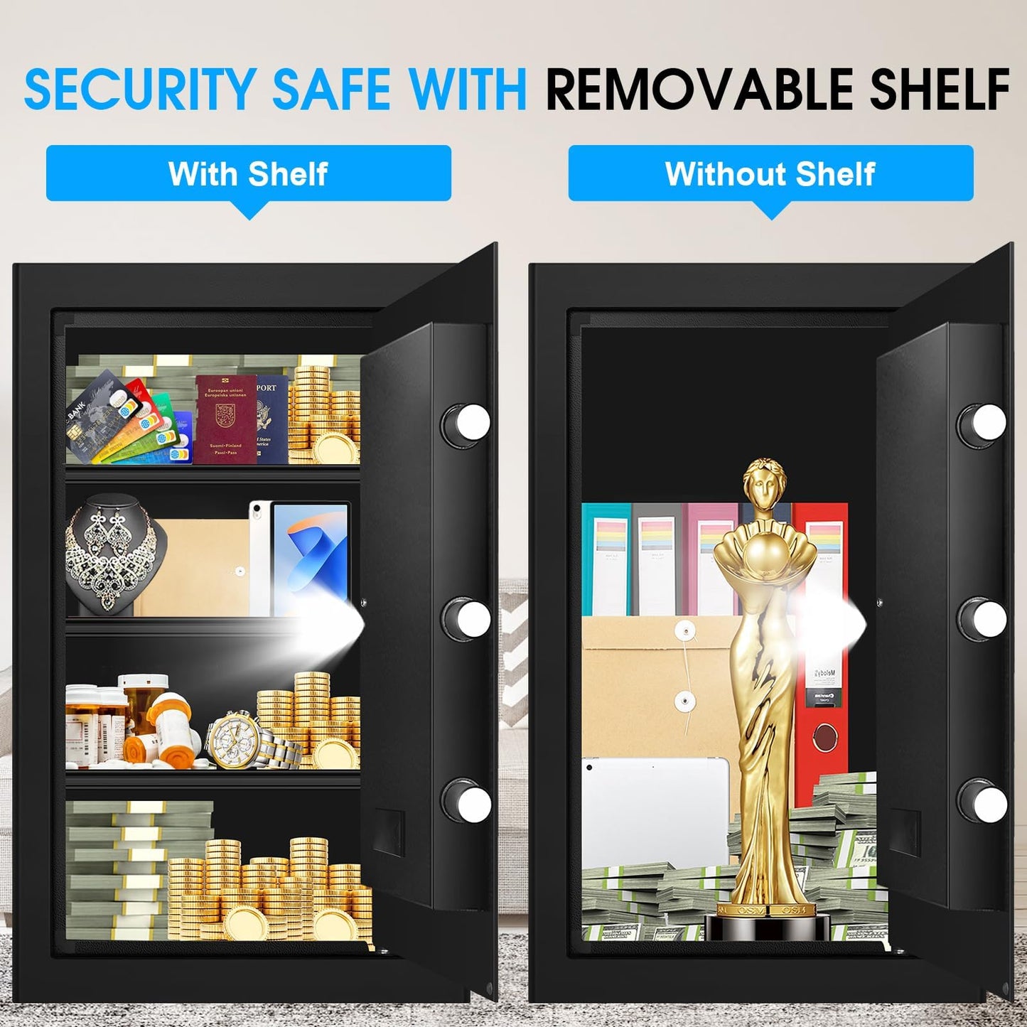 5.2 Cuft Large Home Safes Fire Waterproof, Fireproof Safe Box for Home with Programmable Keypad, Spare Keys and 3 Removable Shelves, Anti-Theft Security Fireproof Document Safe for Money Valuables