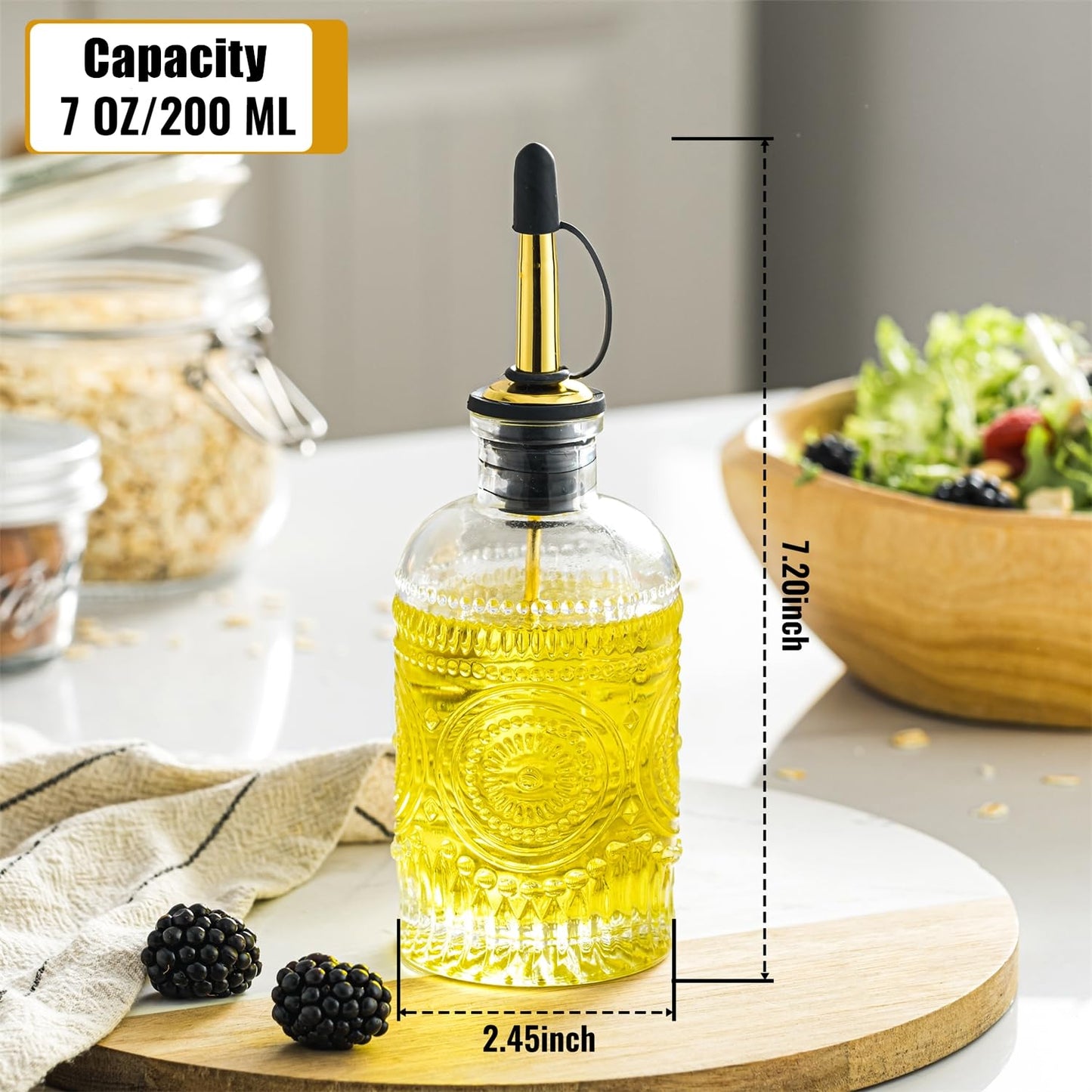 ZLTASYRY Olive Oil Dispenser Bottle for Kitchen, 7OZ Glass Oil and Vinegar Dispenser Set, Elegant Oil Container Soy Sauce Dispenser with Stainless Steel Pour Spout,Glass Stopper and Funnel