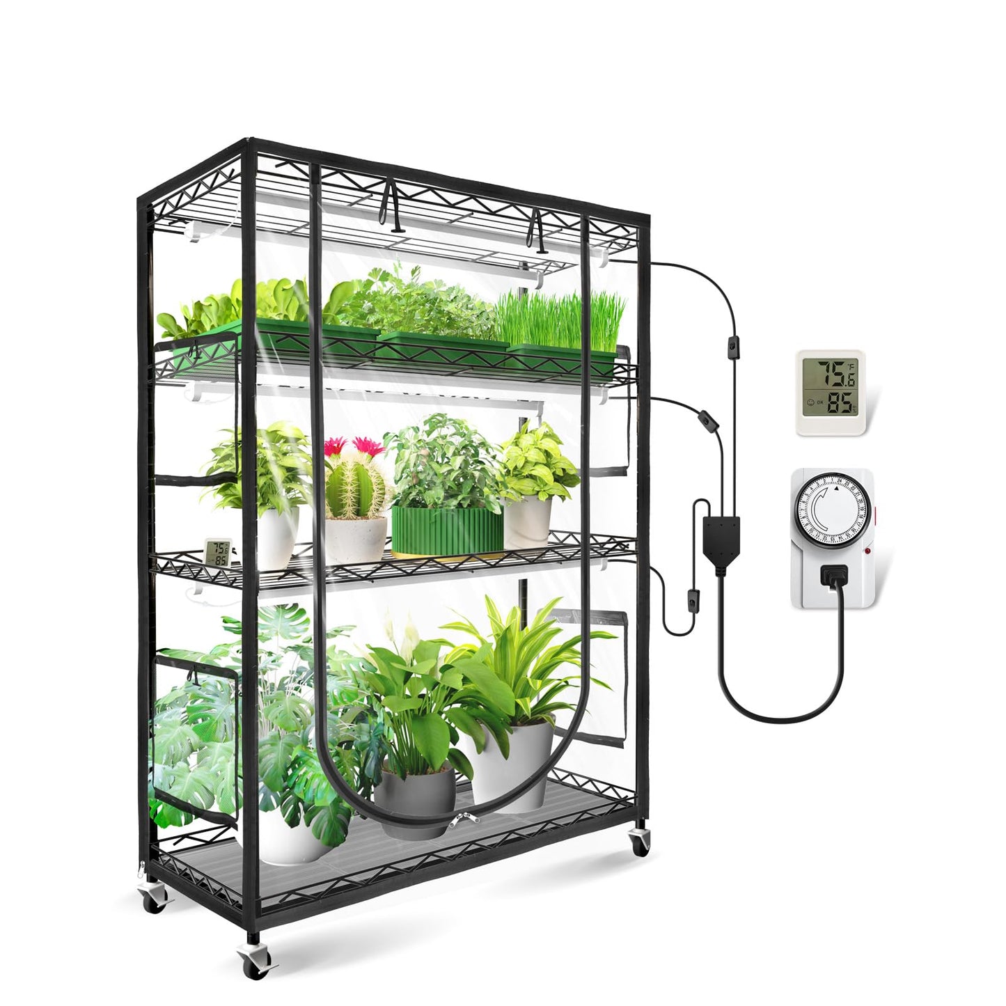 JESLED Indoor Greenhouse with Grow Light, 3FT Full Spectrum 5000K LED Light for Seed Starting, Tiered Lighting Control, Built-in Timer & Thermo-Hygrometer, Rolling Metal Plant Stand (35.4x13.8x59IN)