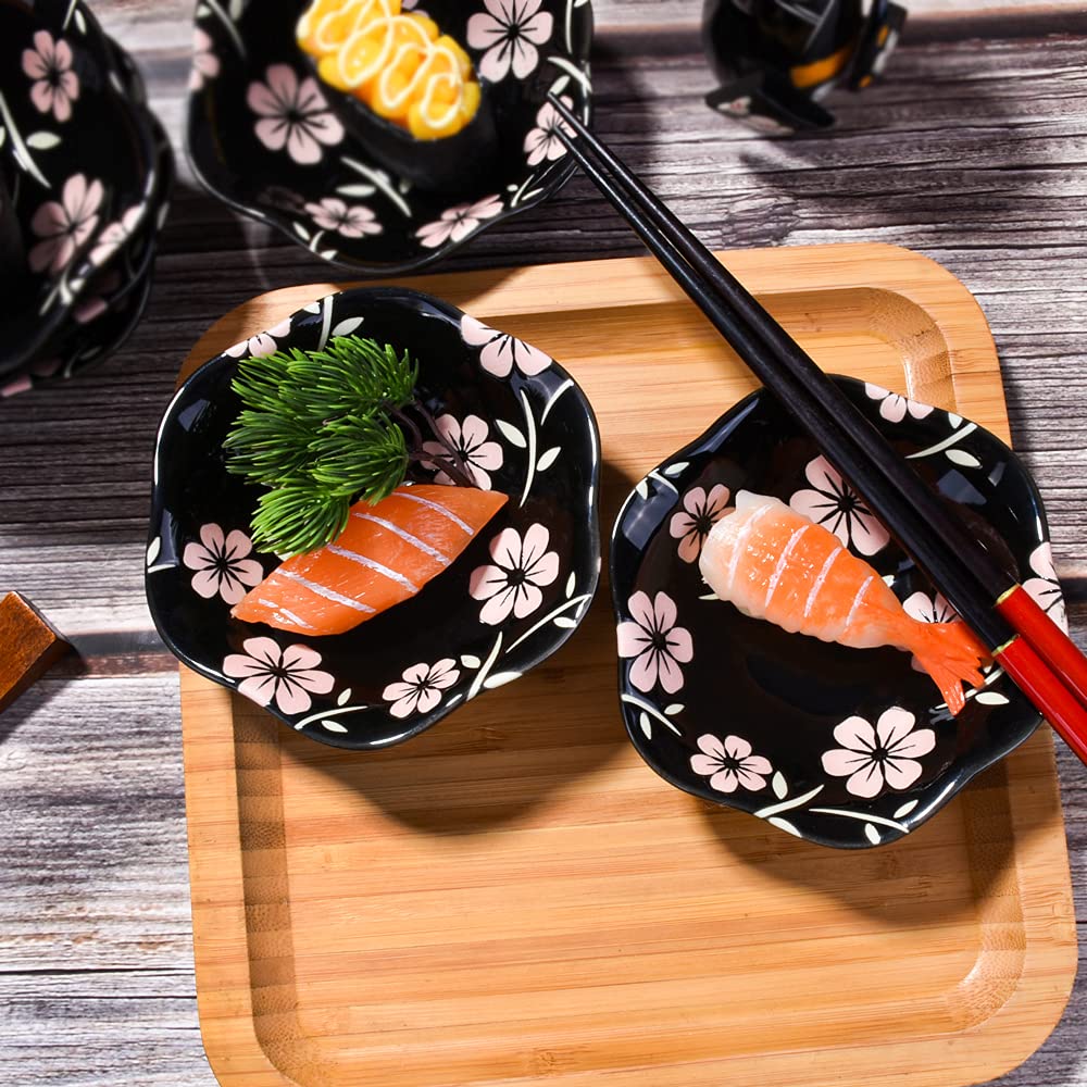 Whitenesser Japanese Black Sakura Soy Sauce Dish for Sushi, Porcelain Dipping Bowls Sauce Cups Set of 6