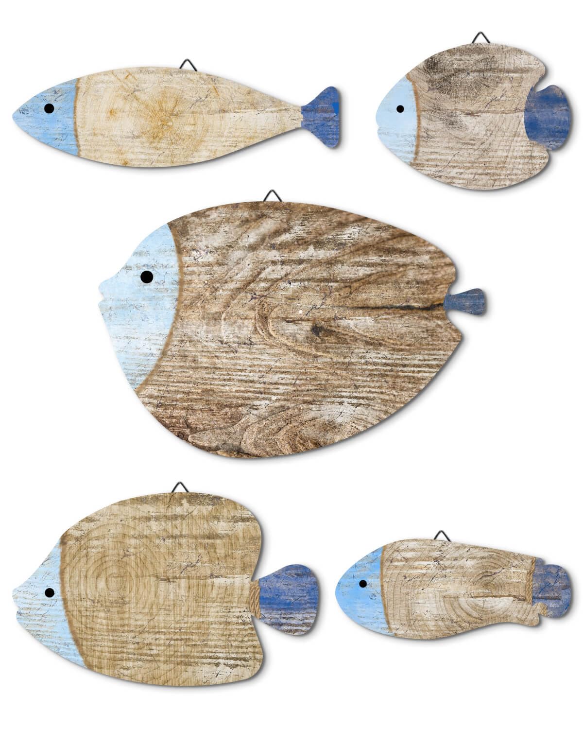 Putuo Decor 5 Pcs Rustic Weathered Wood Fish Wall Art Beach Nautical Wall Hanging Decor Ocean Fish Wall Sculpture for Home Bathroom Bedroom Lake House