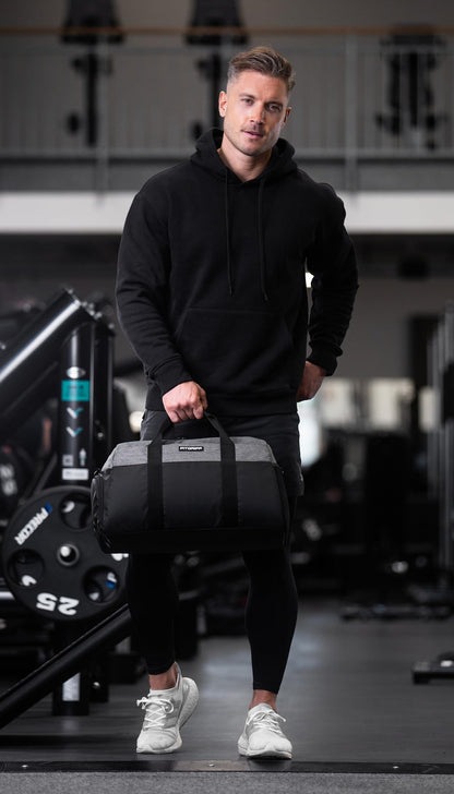 Fitgriff® Gym Bag V2 for Men and Women with Shoe & Wet Compartment - Duffle Bag for Travel, Sports, Fitness and Workout (Black/Grey, 19 x 10 x 11″ (Small))