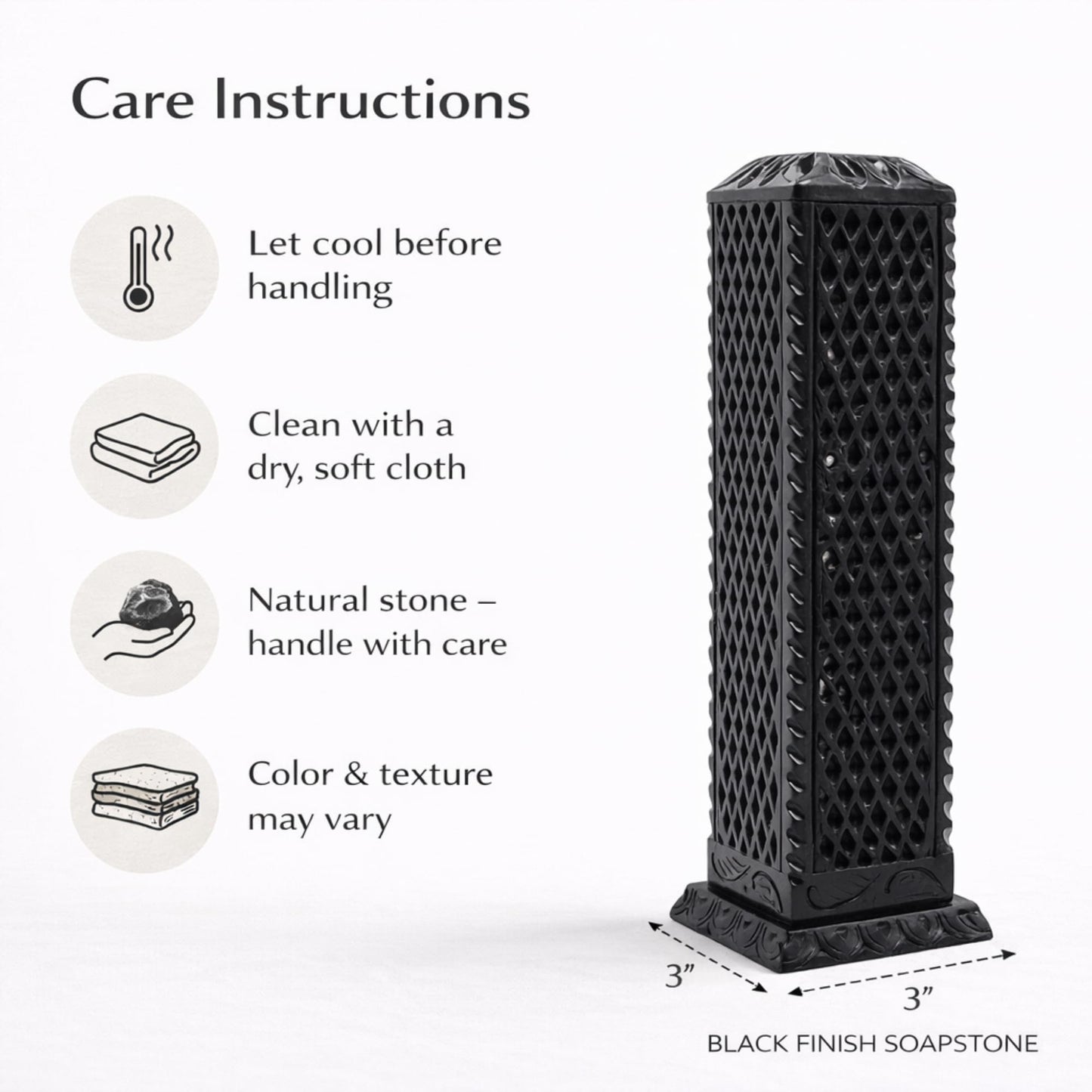 KC KULLICRAFT Handmade Marble Black Soapstone Incense Stick Burner | Candle Stick Holder | Tea Light Burner - Perfect Jaali Carving for Gifting. Decorative Home and Kitchen Decor (3 x 3 x 11 Inches).