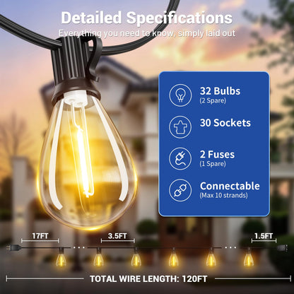 Amzrap 120FT Outdoor String Lights, 30+2 LED Shatterproof Bulbs with Remote & Timer,2700K Dimmable Waterproof Hanging Decor for Backyard, Garden, Porch, Balcony, Wedding Party Lighting
