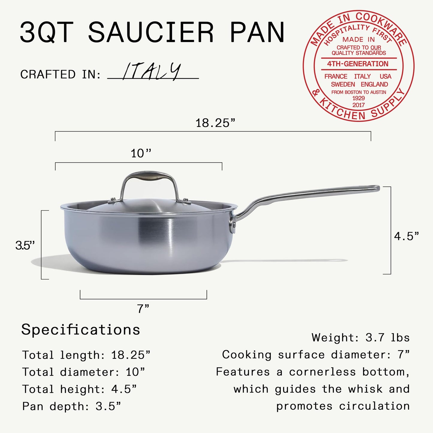 Made In Cookware - 3 Quart Stainless Steel Saucier Pan - 5 Ply Stainless Clad - Professional Cookware - Crafted in Italy - Induction Compatible