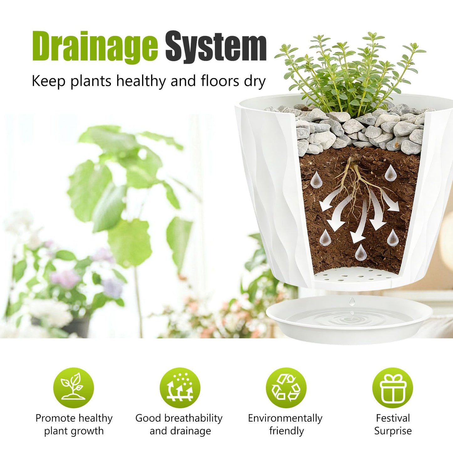 SQKH 8 Inch Plastic Plant Pots,Set of 5 Flower Pots,Planters with Drainage Holes & Saucers, Indoor Outdoor Garden Pots for Home Decor(White)