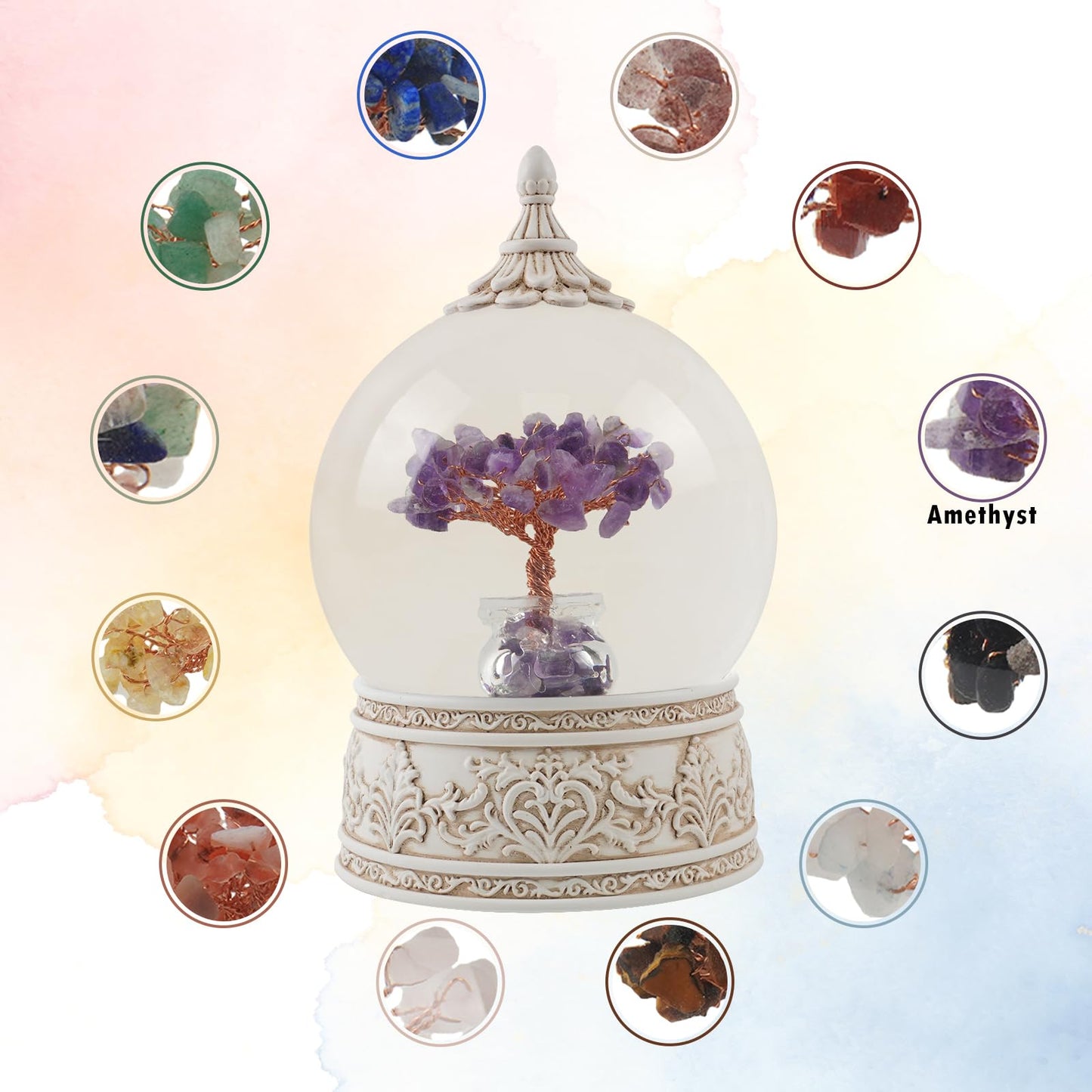 Amethyst Healing Crystal Tree Globe with Colorful Lights and Sparkling Glitter, Natural Gemstone Base, Spiritual Meditation, Positive Energy Good Luck, Home Decor, Birthday Gifts (Amethyst)