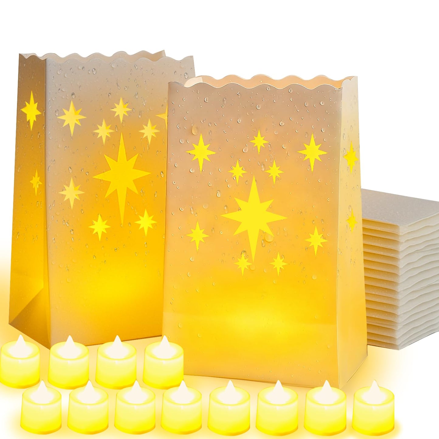 Btanadi Waterproof 50-Pack Luminaria Bags with LED Candles – Reusable White Plastic Luminaries for Outdoor, Christmas, Wedding & Party Decorations