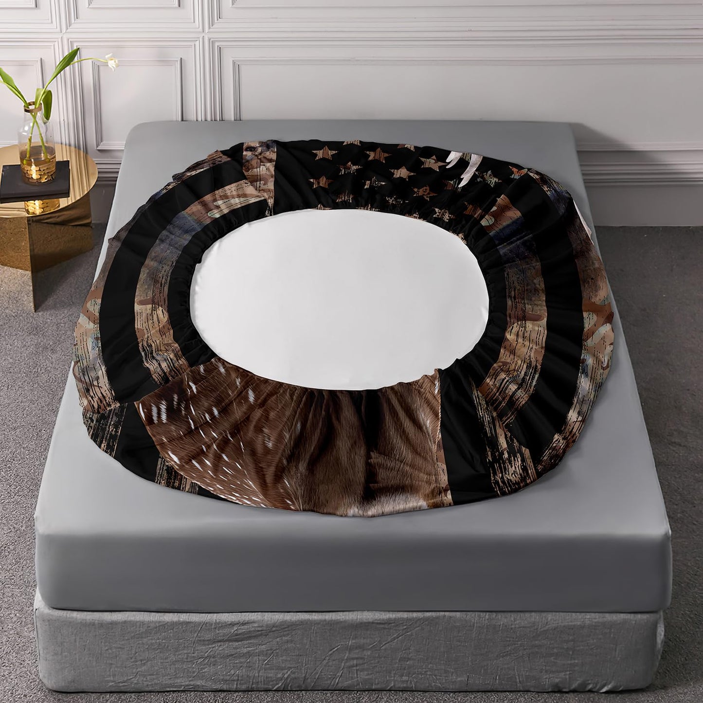 HOSIMA Deer Hunting Camo Bedding,Hunter Bedding Set American Flag Fitted Sheet Set Twin Size for Adult Teen Boy Bedroom Decor,1 Fitted Sheet+2 Pillowcases.