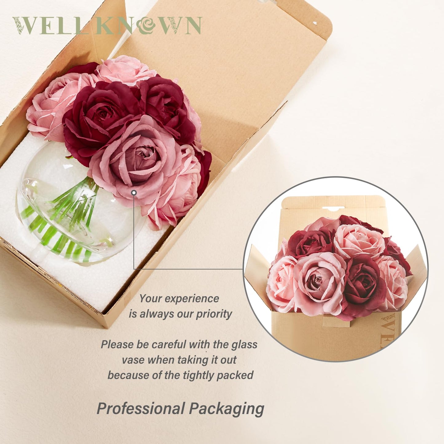 WELL KNOWN Silk Rose Artificial Flowers with Vase, Artificial Rose Flower Arrangement in Round Glass Vase with Faux Water for Home Dining Table Wedding Birthday Party Decor (Burgundy Red & Dusty Rose)