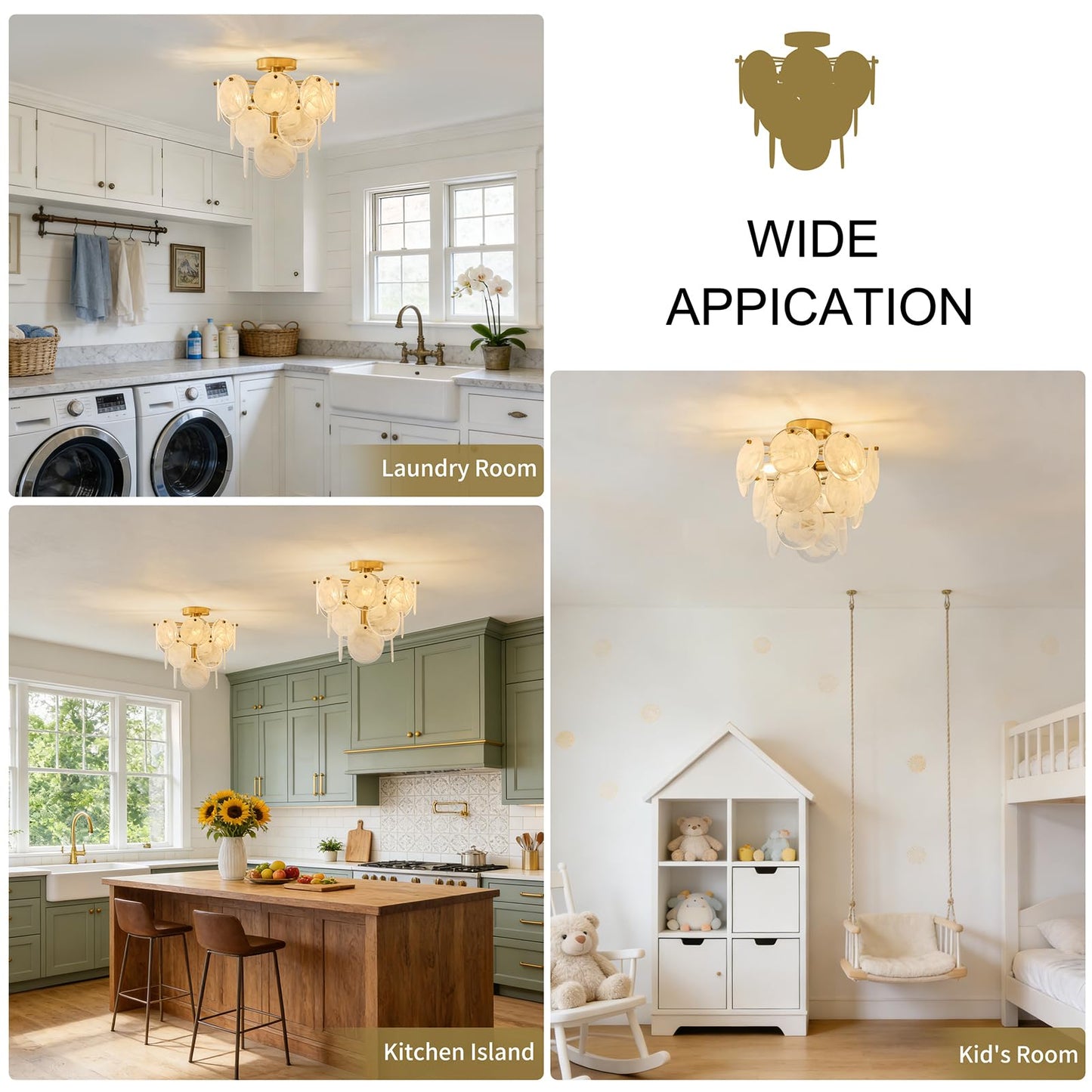 LOZOHOM 15" Brass Gold Semi Flush Mount Ceiling Light,13 lb Sturdy Vintage Flush Mount Chandelier with Unique Cloud Glass, 4-Light Modern Hallway Light Fixtures for Bedroom Laundry Room Foyer Entryway