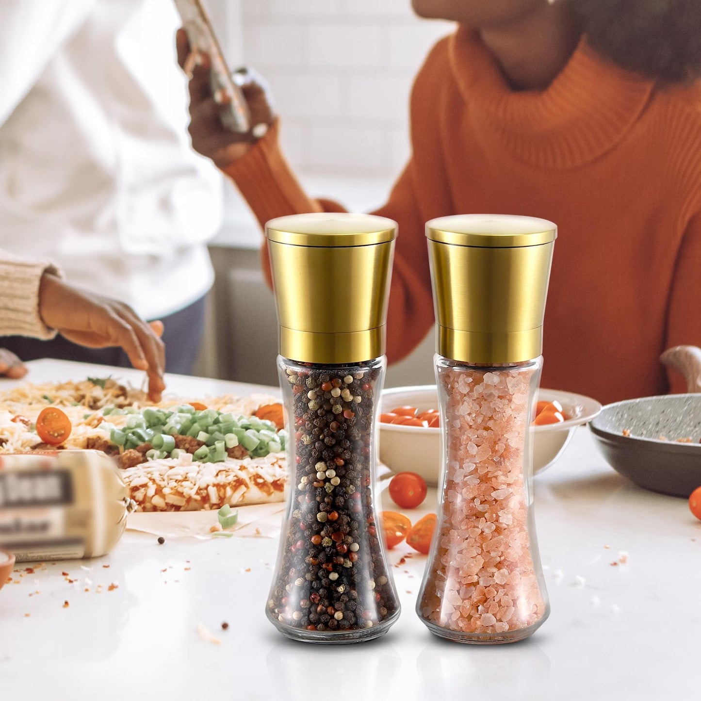 VEVOK CHEF Gold Salt and Pepper Grinder Mill Set Stainless Steel Pepper Shaker Adjustable Ceramic Coarseness Salt Grinder Black Pepper Spice Grinder Mill
