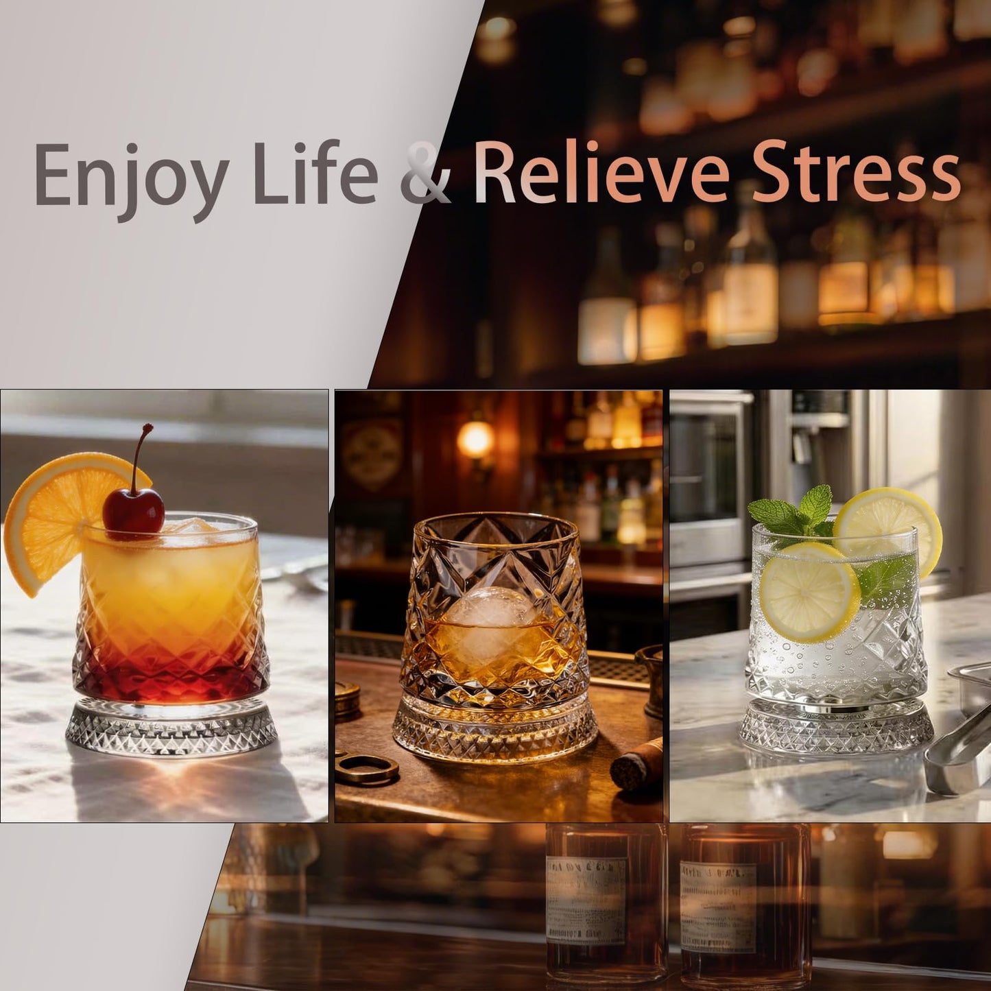 Spinning Whiskey Glass,Set of 2 – 360° Rotating Crystal Whiskey Tumblers with Heavy Base,Lead-Free Premium Glass for Bourbon & Scotch,Unique Gift for Men(A)