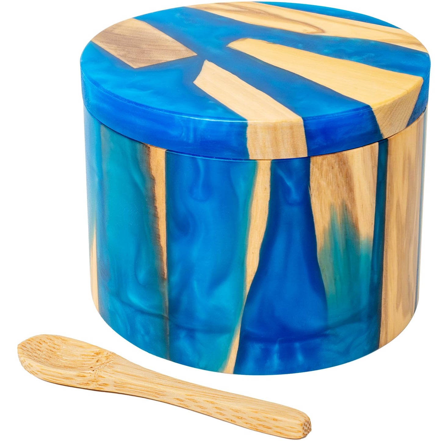 Skikibily Handcrafted Salt Box Resin Wooden Container Swivel Lid with Magnetic to Easily Open Seal Salt Cellar Free Spoon for Storing Salt Pepper Sugar Herbs Small Spice Box Storage Kitchen Accessory