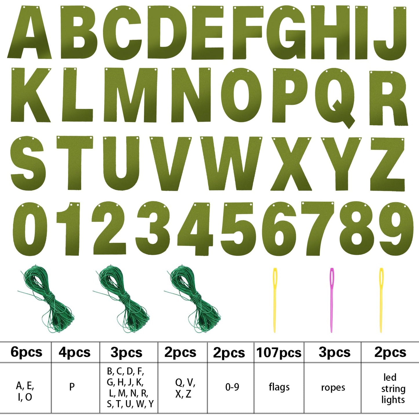 TaoBary 112 Pcs DIY Letter Kit Glitter Customizable Banner Letters Include 107 Letters and Numbers 3 Rope and 2 Needles for Birthday Halloween Christmas Wedding Valentine Party Decor(Bright Green)