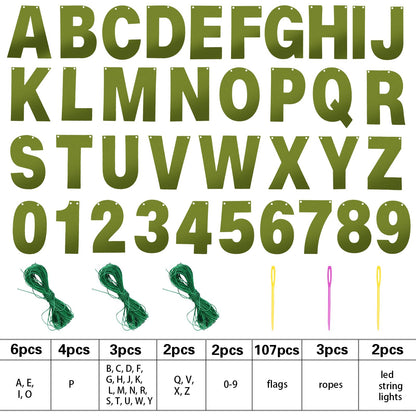 TaoBary 112 Pcs DIY Letter Kit Glitter Customizable Banner Letters Include 107 Letters and Numbers 3 Rope and 2 Needles for Birthday Halloween Christmas Wedding Valentine Party Decor(Bright Green)