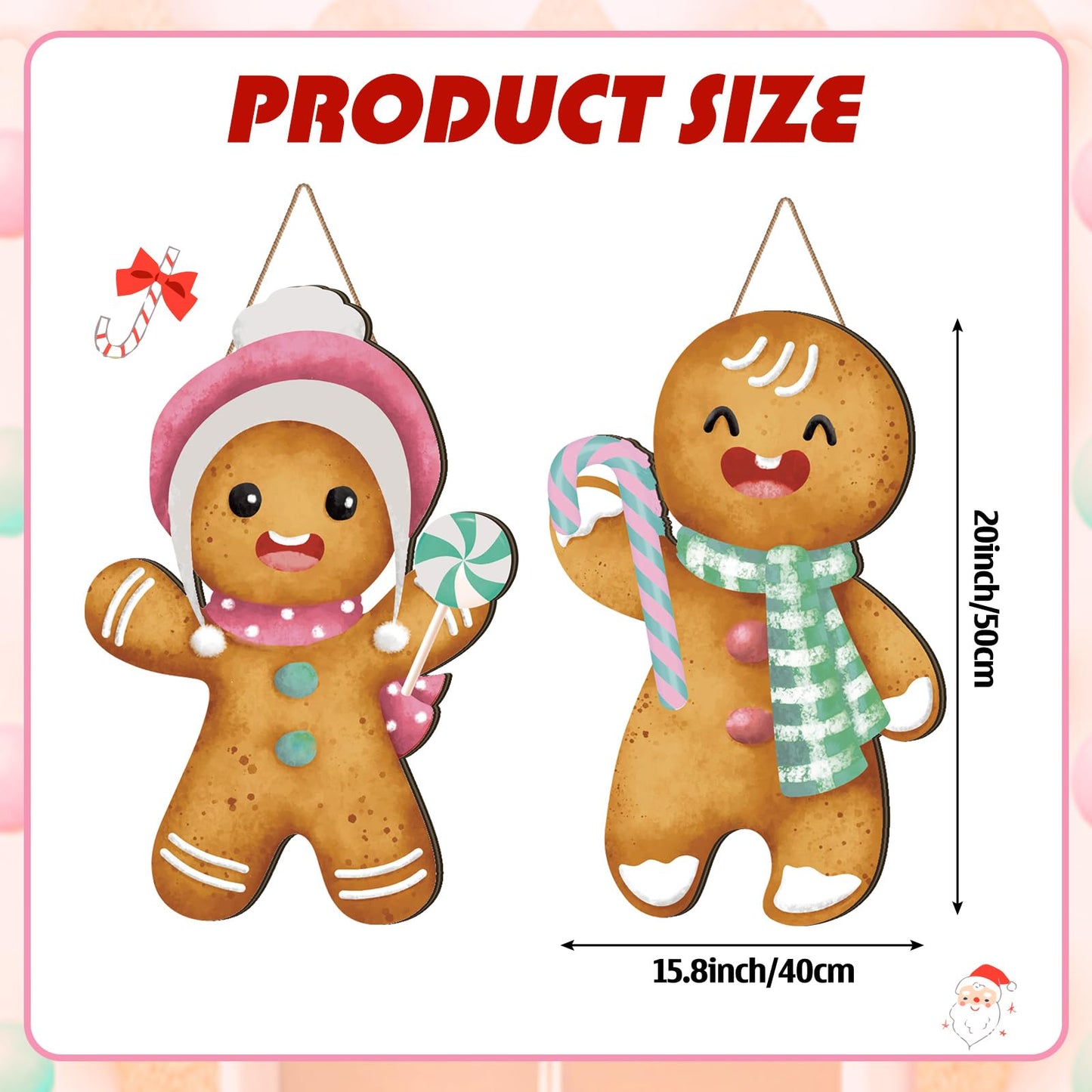 2 Pcs Pastel Gingerbread Christmas Decorations Christmas Wreath Hanging Sign for Front Door Candyland Wooden Welcome Signs Gingerbread Man Hanging Signs Ginger Bread Decor for Holiday
