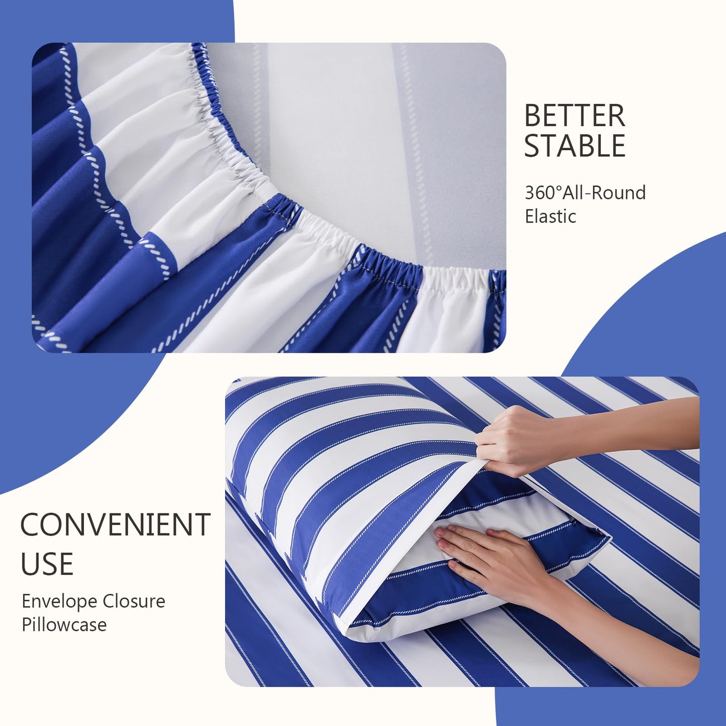 MCO 4Pieces Striped Sheets Set, Breathable King Sheet Set with 16" Deep Pocket,Modern & Luxury, Brushed Microfiber Bedding Set(King, Navy Blue)