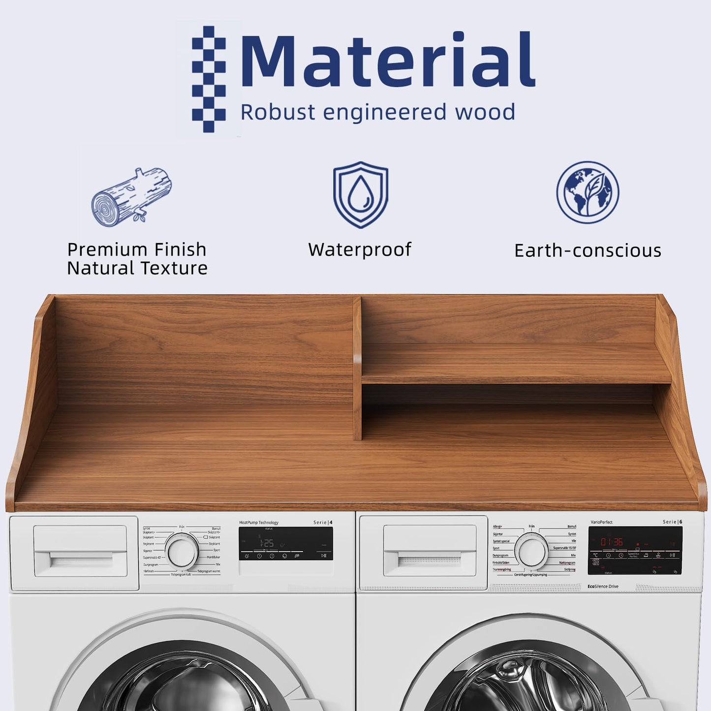 Memobarco 2 Tiers Washer Dryer Countertop, 54" Width x 27.5" Depth Laundry Countertop Organization, Wooden Washer and Dryer Topper for Folding, Sorting & Ironing, Easy to Install, Walnut