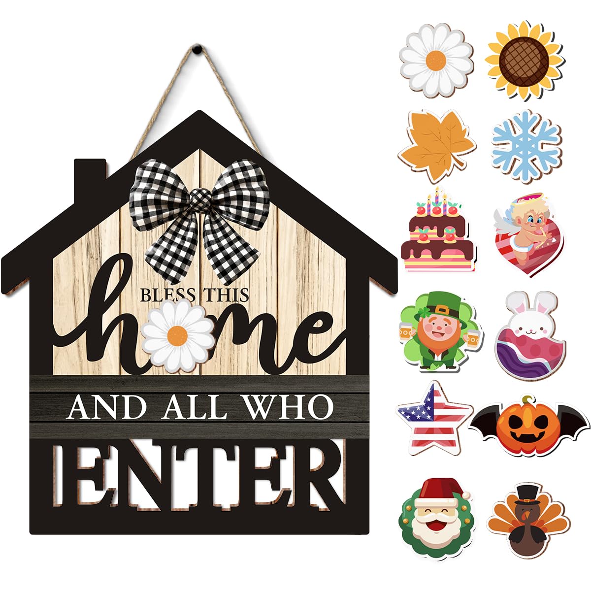 Interchangeable Seasonal Bless This Home Hanging Sign - Farmhouse Front Door Decoration for Spring All Seasons Holidays - Rustic House Shape Wood Sign with 12 Icons