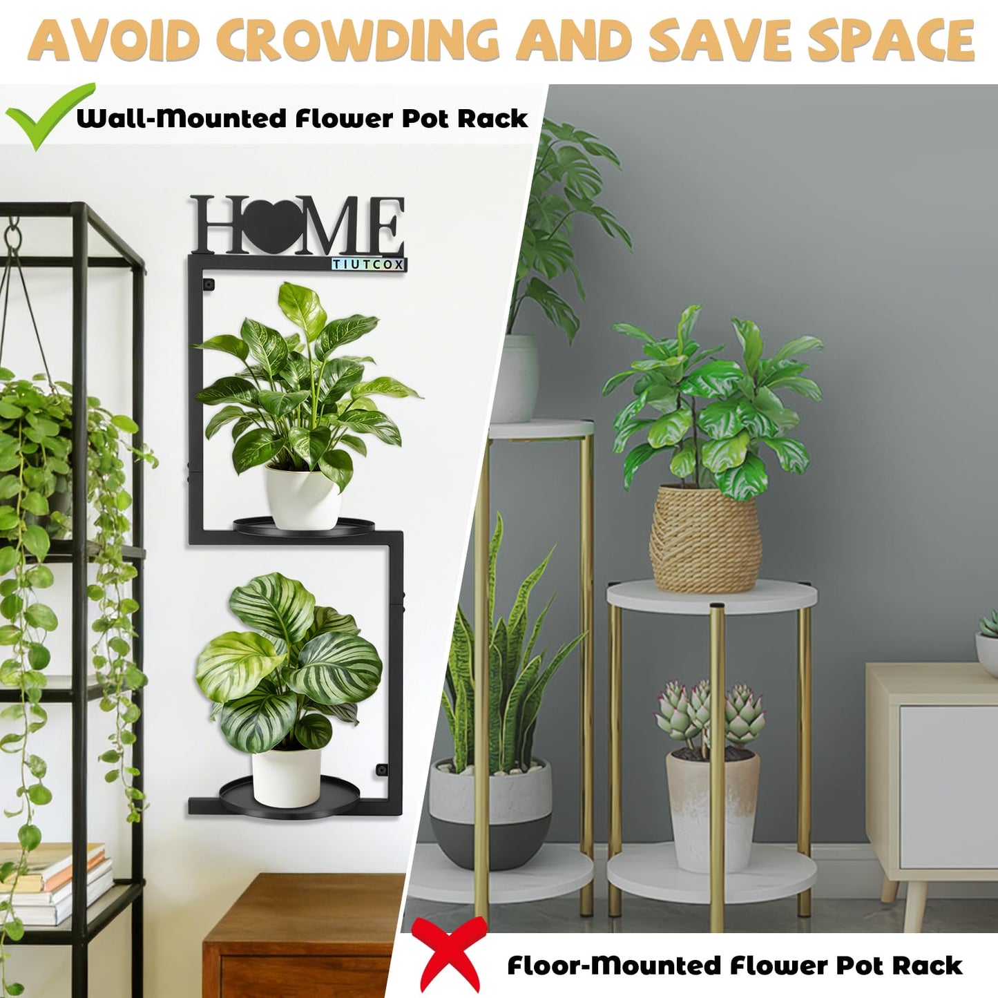 TIUTCOX Wall Plant Holder Metal, Plant Frames Wall Decor, Wall Plant Stands for Indoor&Outdoor with Letters HOME Decor, 2 Round Flower Pot Trays, 12*7.87*34.33 Inch, Black