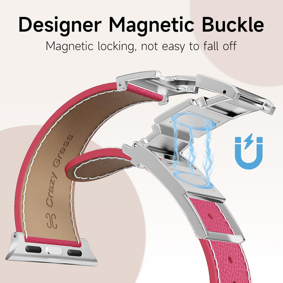Leather Band Compatible with Apple Watch 49mm46mm45mm44mm42mm41mm 40mm38mm,Stylish Magnetic H Buckle Strap for iWatch Ultra 2/1/SE/Series 10/9/8/7/6/5/4/3/2/1 Women Men (Pink Band+Silver H Buckle, 38mm40mm41mm42mm)