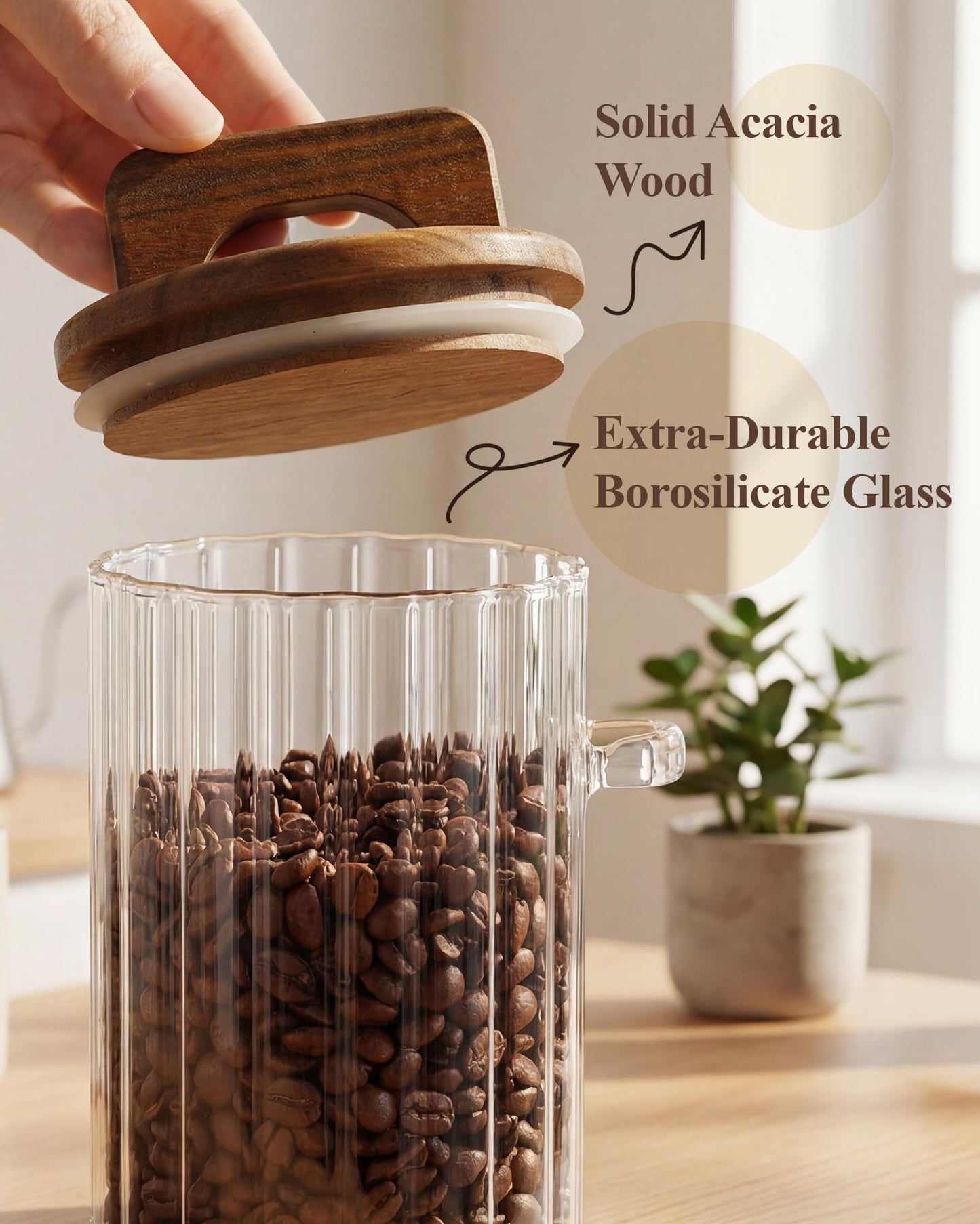 NiHome Ribbed Glass Coffee Container with Wooden Lid & Spoon, 27 oz Airtight Storage Jar for Coffee Beans, Tea, Sugar & Salt, Wide Mouth Food Canister with Ergonomic Handle