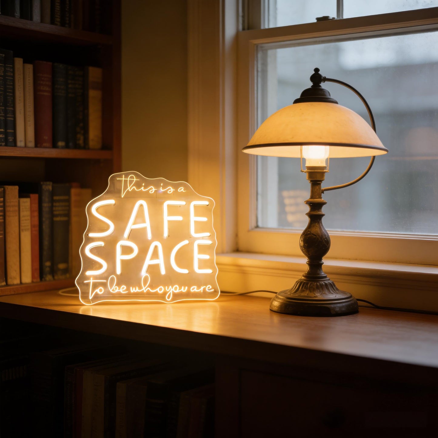 This Is A Safe Space To Be Who You Are Neon Sign, Warm White USB Powered Dimmable LED Neon Light, Home Bedroom Living Room Counseling Room Wall Table Decor 13.8 x 12.8 In