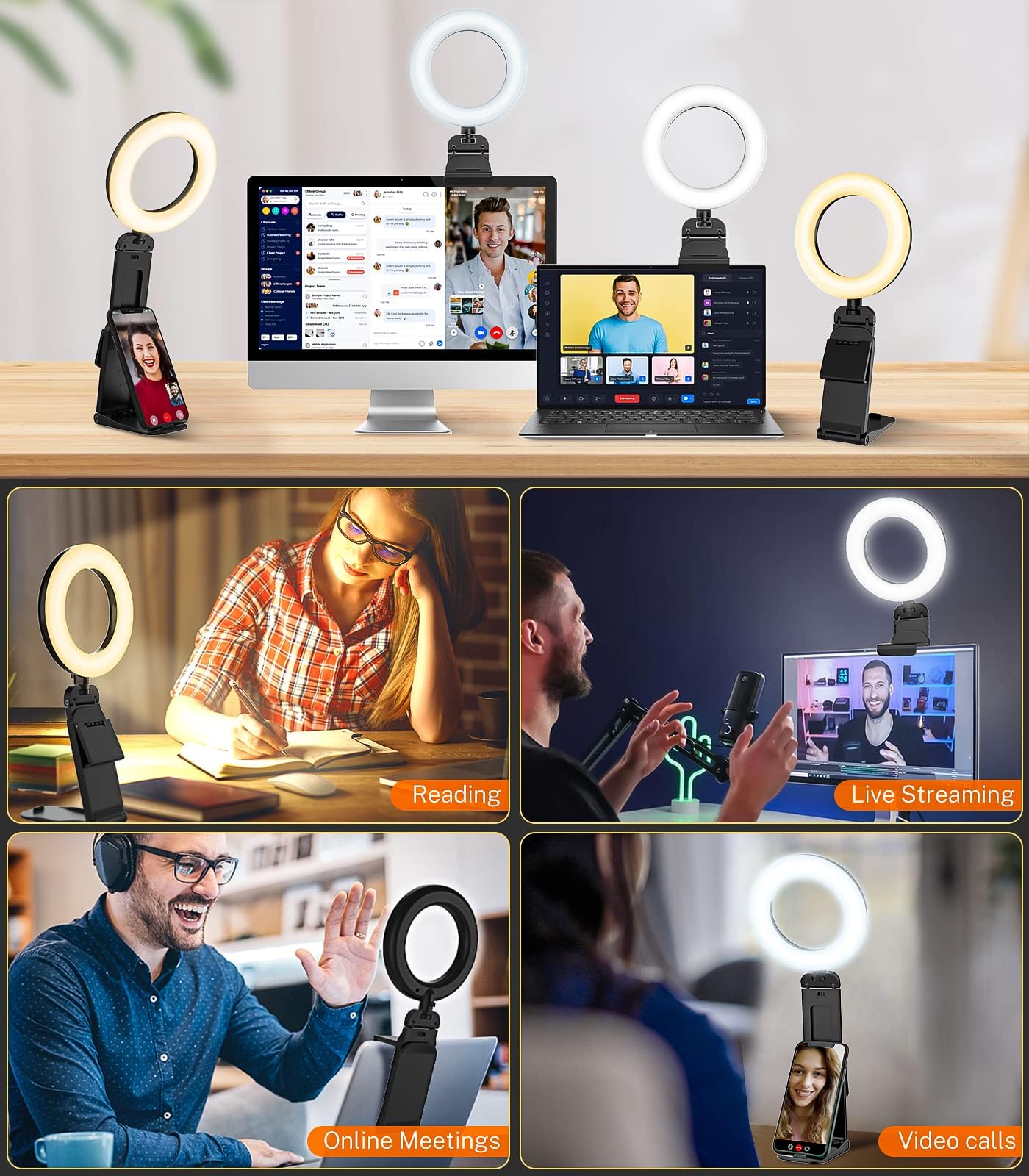 GerTong 5'' Laptop Selfie Ring Light with Stand, Mini Desk LED Phone Ring Light with Dimmable 5 Modes 10 Brightness Level for Makeup Streaming Webcam, All in one Stand Compatible with Smartphone