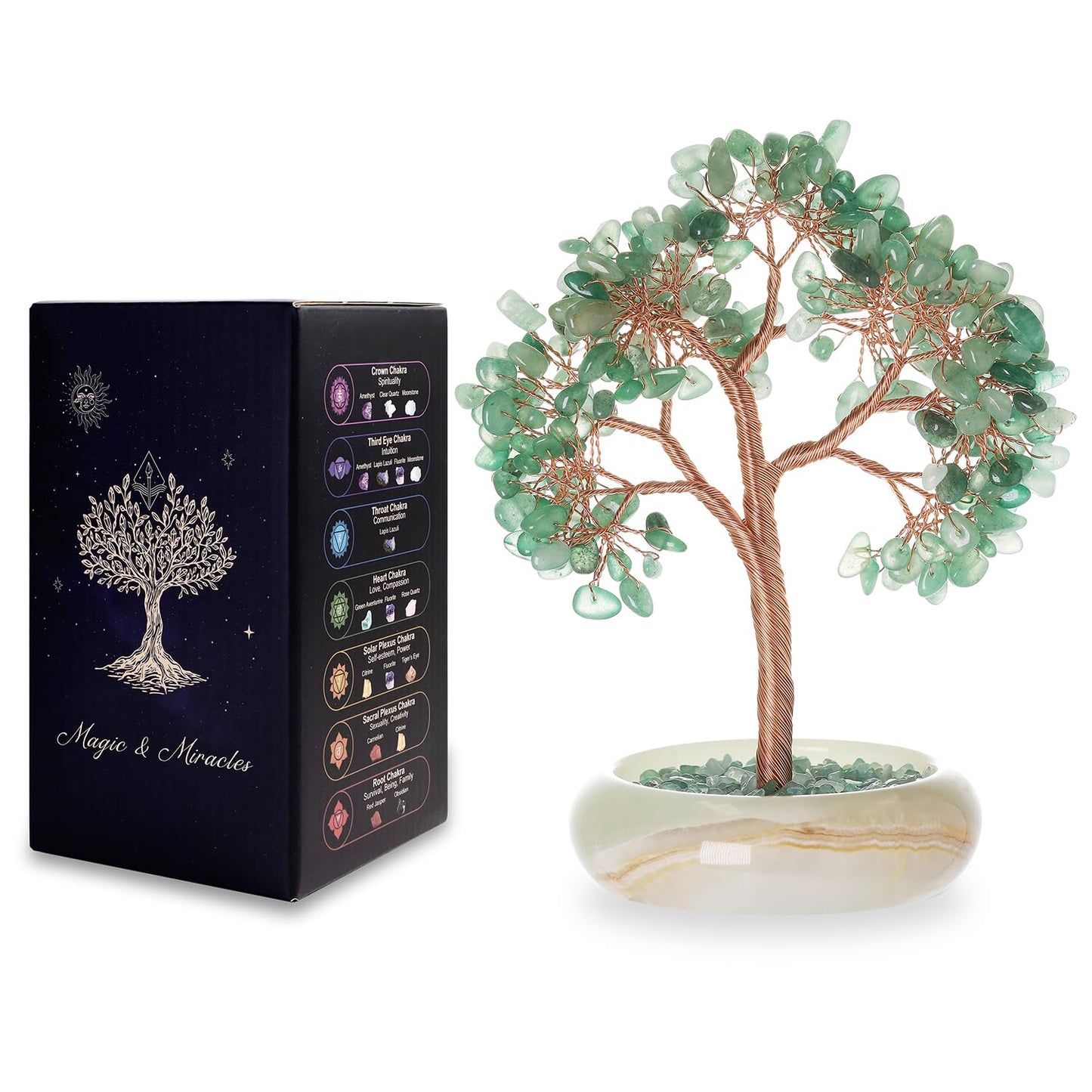 MAGIC AND MIRACLES Green Aventurine Healing Crystal Tree of Life Home Office Desk Decor, Bonsai Trees, Feng Shui Tree Money Good Luck Christmas Decor Spiritual Healing Birthday Gifts for Women, Mom