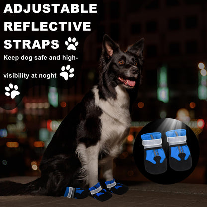 QKURT 4 Pieces Dog Boots Paw Protector, Waterproof Dog Shoes with Reflective Straps, Adjustable Washable Non-Slip, for Injured Paws, Outdoor Paw Protectors for Small Medium Large Dogs