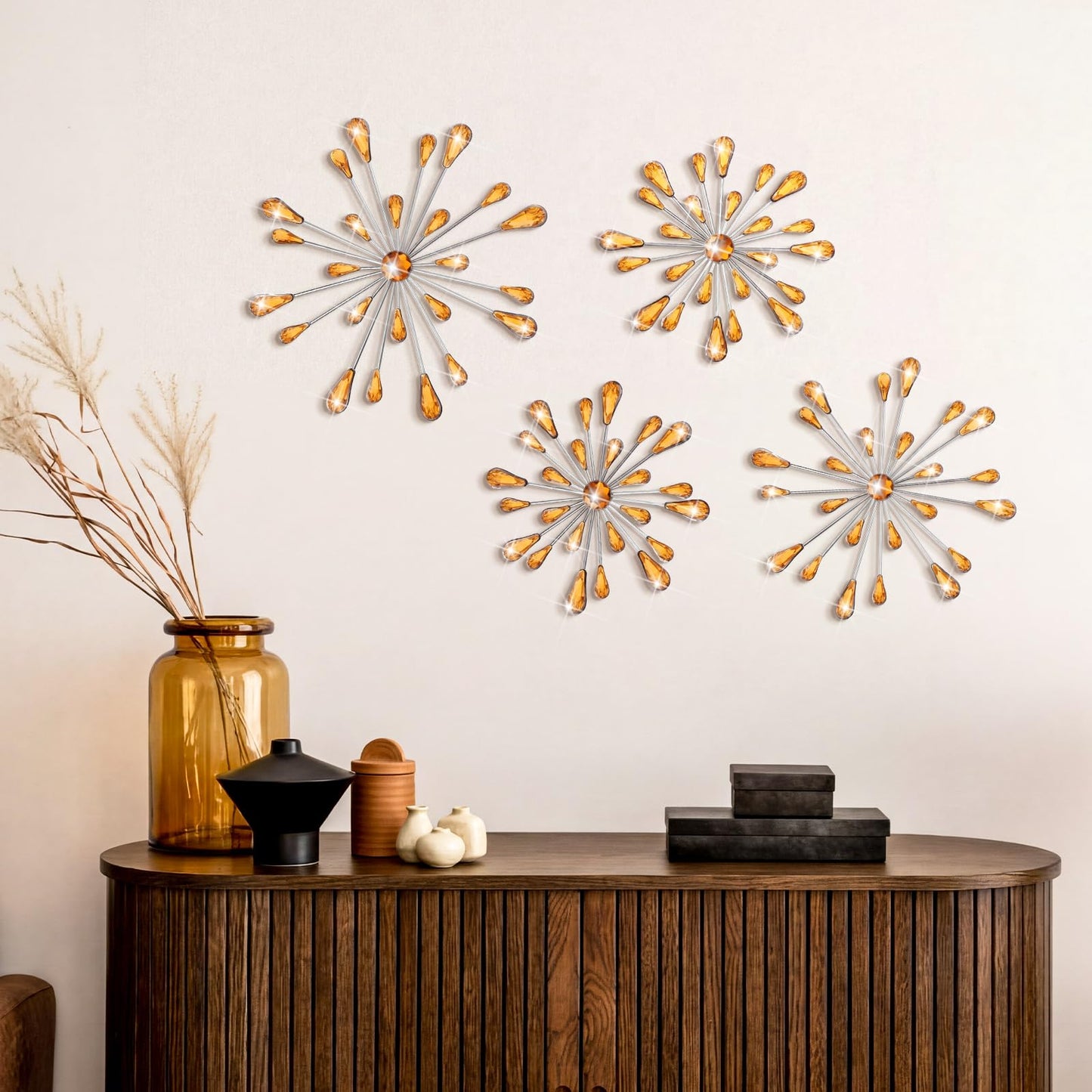 Hicarer 4 Pcs Starburst Wall Decor Bling Wall Art Crystal Teardrop 3D Hanging Rhinestone Radial Metal Artwork Modern Accent Sculptures Decorations for Living Room Home Office Bedroom(Amber)
