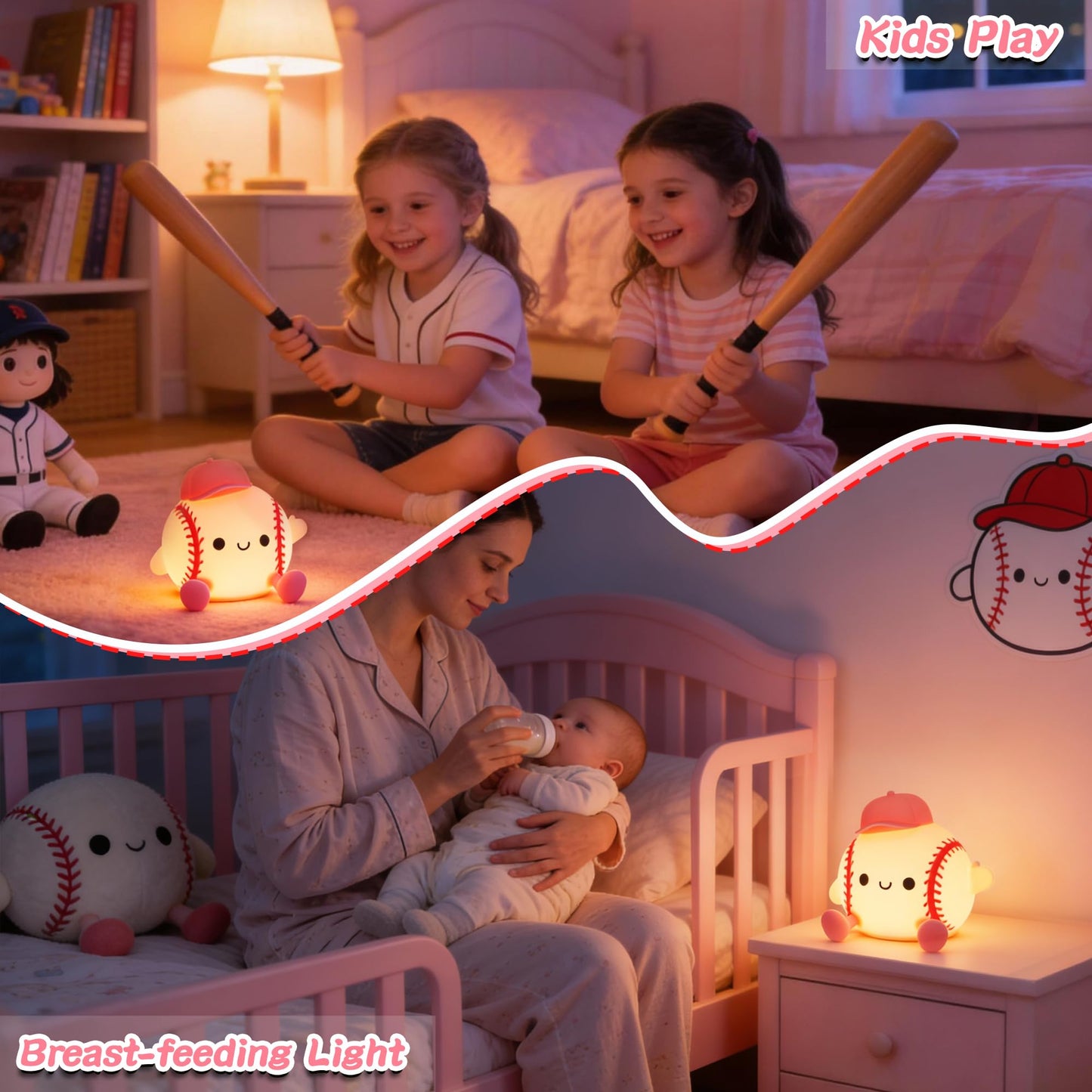 Softball Night Light, Gift for Girls Softball Players, Silicone Rechargeable Nursery Dimmable Baseball Lamp, Soft Touch Sports Themed Nightlight, Cute Room Decor Birthday Gift for Kid Teen Athlete
