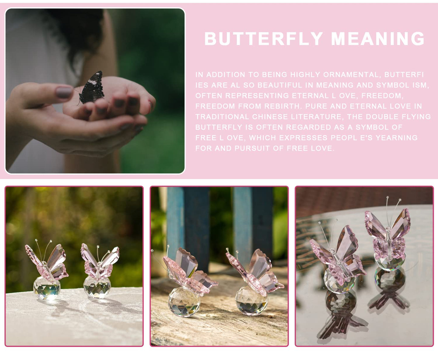 kanpura 2 Pcs Crystal Butterfly Figurines with Clear Glass Ball Base,Glass Butterfly Statues, Crystal Animal Figurines for Home Decor, for Women(Pink)
