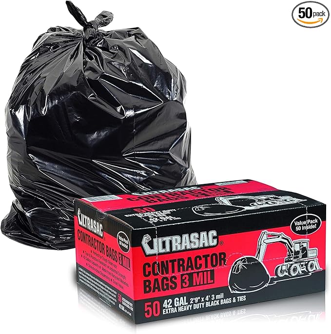 Ultrasac Heavy Duty Contractor Bags, 42 Gallon, 32.75" X 47"