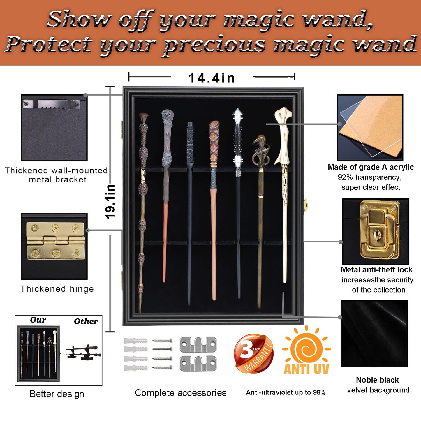 Grhonior 7 Wands Display case Universal Wizard Magic Wand Stand Wall Mount Lockable Wood magiquest Wand Vertical Hanging Holder Box Rack for Wand Collection