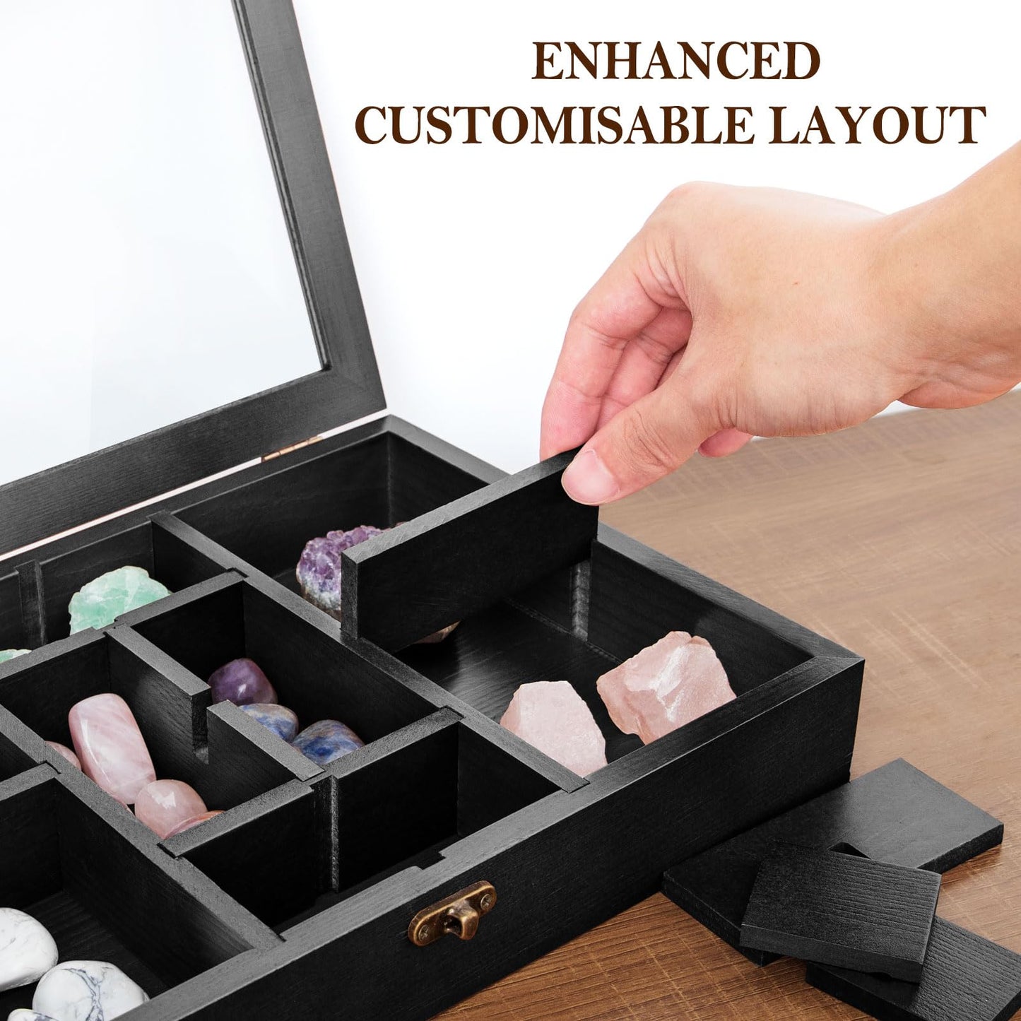 Crescent Moon Tray Crystal Holder Set, Adjustable Rock Display Case, Rock Collection Box with Shelves, Black Wood Crystal Organizer for Stones Storage,Gem Holder with Lid for Seashell