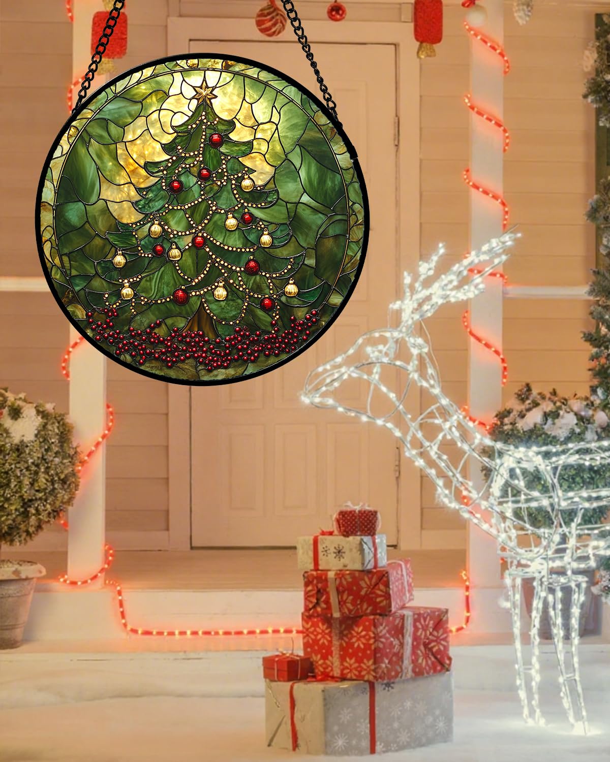 Stained Glass Window Hanging - Retro Green Christmas Tree Suncatcher for Doors Home Christmas Decoration Sun Catcher Thanksgiving New Year Birthday Gifts for Women Men Mom Nana 7.8 in