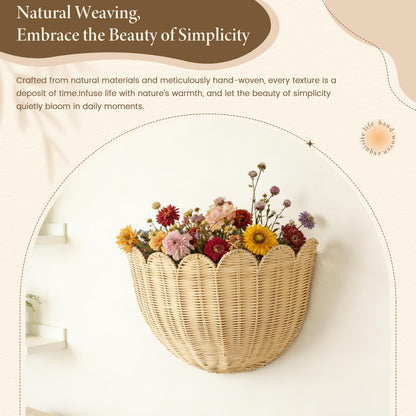 Natural Handwoven Scalloped Wall Basket Set of 2, Premium Rattan Wicker Wall Hanging Organizer for Boho Home Decor, Decorative Wall Storage for Bathroom, Entryway, Living Room & Craft Room
